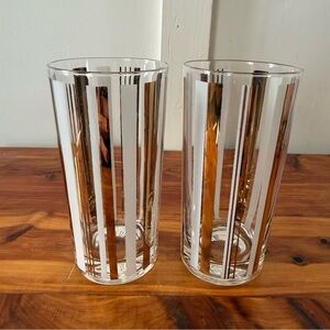 Mid-Century Modern Art Deco Gold White Stripe Highball Drinking Glasses Set of 2